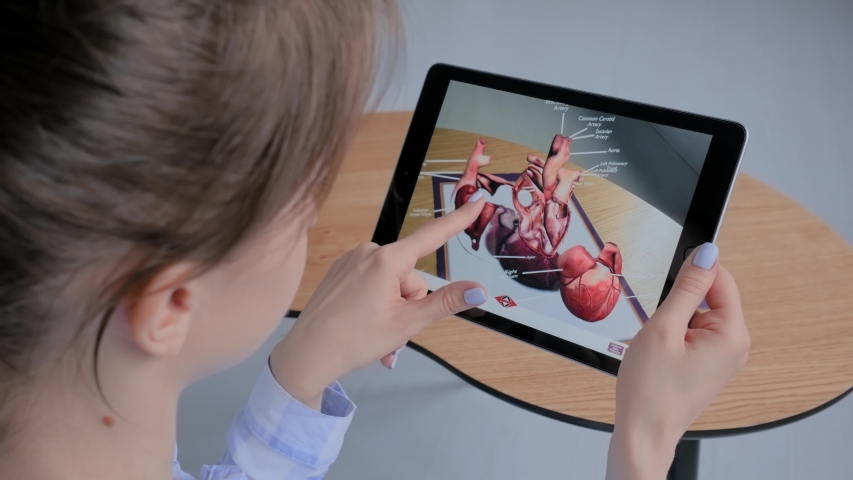 MOSCOW, RUSSIA - AUGUST 1, 2019. Woman using tablet device with augmented reality app - 3d anatomical model of human heart. Future, AR, medical, anatomy, technology, healthcare, cardiology concept
