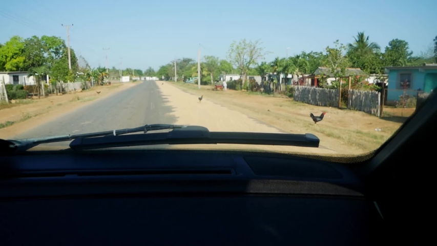 Private farmers using the street to dry rice despite being prohibited, in the agricultural sector of Cuba. Handheld sfootage taken from inside the car.