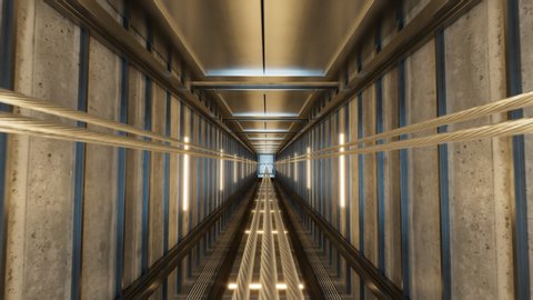 Elevator cabin moving down slowly in a shaft with bare concrete walls and moving cables. Skyscraper interior. Camera moving along the lift in endless, seamless, looping animation.
