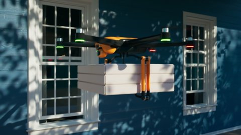 Hexacopter drone delivering ordered pizza directly to the door.  Fully automatic unmanned system. Technology of the future. Efficient and innovative food delivery proces. Render 4k
