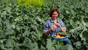 woman working on an agricultural field during a sunny day and protecting her skin from the sun with sunscreen. woman holds a basket with collected vegetables on her lap. UHD video slow motion