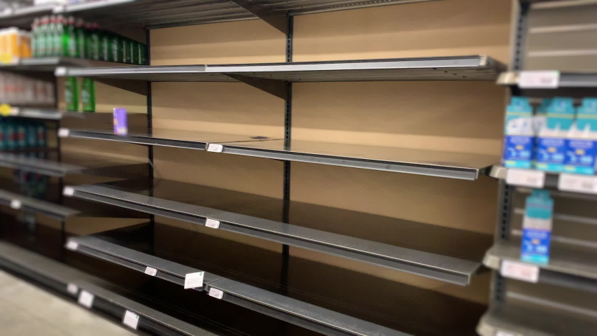 Empty Supermarket Grocery Shelves in USA - Coronavirus2020 Royalty-Free Stock Footage #1049328307