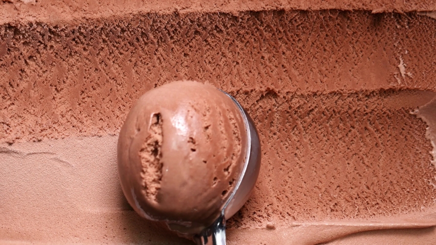 Spoon Ice cream texture flavour chocolate, Closeup Top view Food concept.