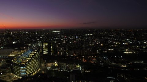 Drone shot of Manchester, UK at sunset/evening. 
