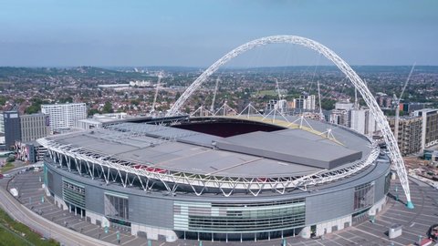 WEMBLEY, UK - 2020: Aerial timelapse view of Wembley Stadium in London UK