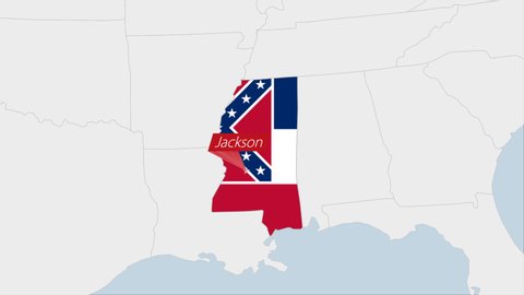 US State Mississippi map highlighted in Mississippi flag colors and pin of country capital Jackson, map with neighboring States.