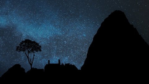 Machu Picchu: Time Lapse by Night with Stars, Milky Way, Ruins Ancient Inca city, and Huayna Picchu Mountain, Peru