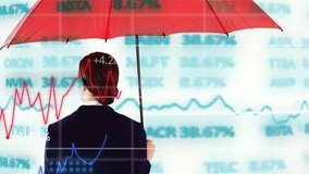Animation of businesswoman holding red umbrella looking at financial future with stock market display with blue stock market numbers and graphs, price going up and down at the stock exchange in the - Powered by Shutterstock - Get 15% off with code: PIKWIZARD15