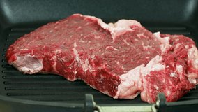 Cooking Raw Beef Steak Rib Eye Meat On a Fried Pan in Fast Time Video. Prepare Food in Restaurant. Healthy Food Concept.