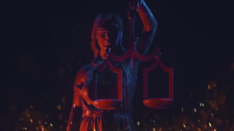 Bloody, burning justice: a 3D animation of Lady Justice, goddess Justitia, picturing injustice or discrimination. Medium shot.