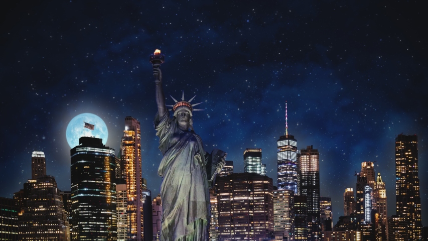 New York (NY) Manhattan Skyline  Fireworks Celebration 4th Of July Independence Day Starry Night Background Mood 4k 2160p Video Footage | Shutterstock HD Video #1049385361