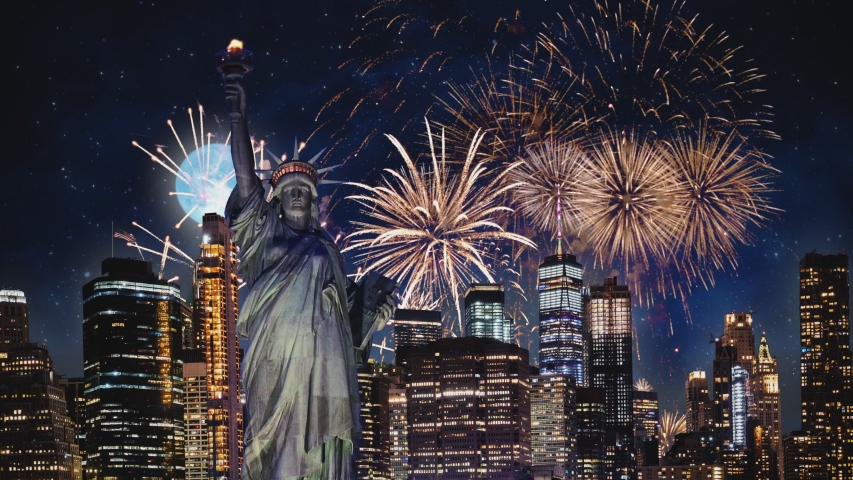 New York (NY) Manhattan Skyline  Fireworks Celebration 4th Of July Independence Day Starry Night Background Mood 4k 2160p Video Footage | Shutterstock HD Video #1049385361