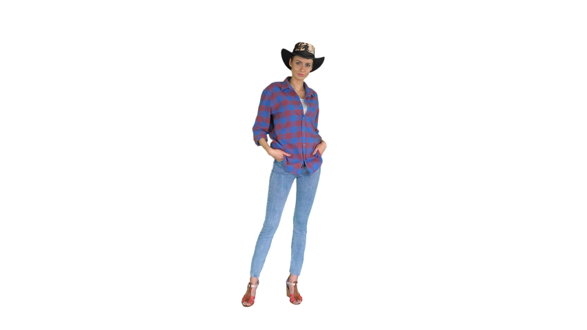 American Woman Cowgirl Posing to Camera on white background.