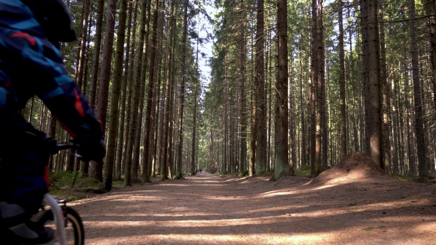 A child in a blue jacket on a red bicycle rides through the forest