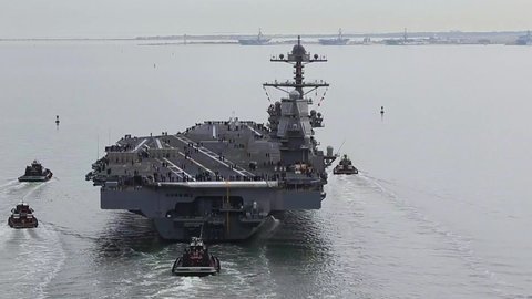 CIRCA 2019 - aerial over the USS Gerald Ford underway at sea near Newport News, Virginia.