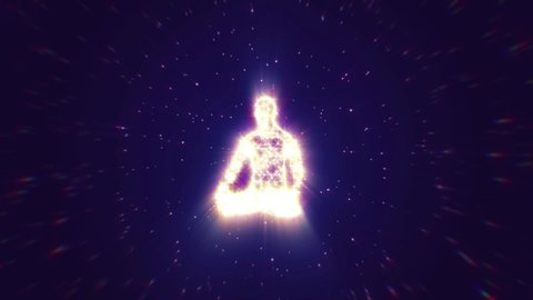 looped bright 3D animation. The demiurge in a meditative pose is formed from the particles of the universe