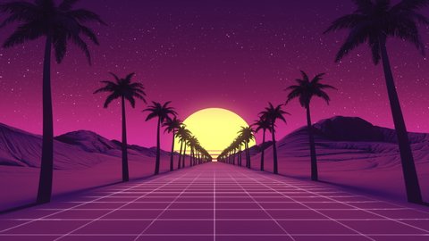 Camera moves along syntwave wiframe net. Palm trees around the road. Retrowave landscape. Sunset above the horizon. Bright glowing sun. 80s, 90s style 3D footage. Neon lights. Retro futuristic 4K clip