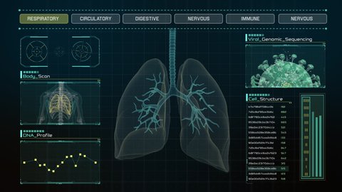 Anatomical Diagnose of Pneumonia Infected Human Lungs on Futuristic Touch Screen Interface showing organ parts, data and virus cells. Concept: In the Near Future of Medicine and Healthcare. Looping.