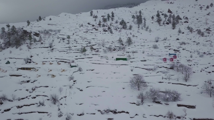 Aerial drone footage of Auli in winter. Uttarakhand India