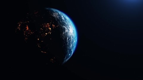 Realistic Rotation of the Earth from day to night in black space and stars. 4k Loop Animation Space,
