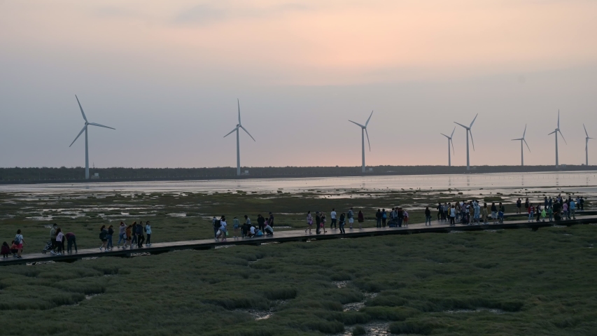 wind turbine farm at Gaomei wetlands landscape during sunset, Taichung, Taiwan
