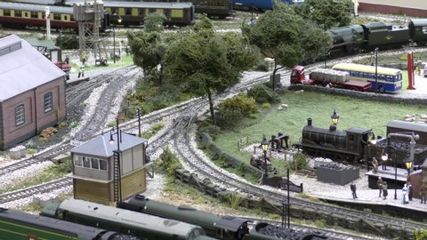 Crawley, West Sussex/ United Kingdom-27 March 2020 : Two rebuilt Merchant Navy class locomotives on a model railway.  Bibby Line and Holland Africa line