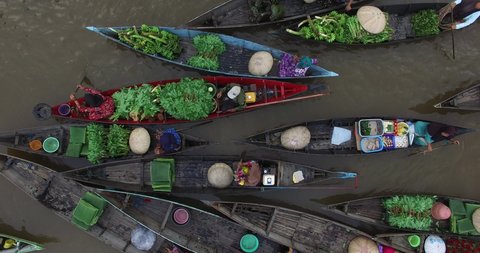 Banjarmasin Indonesia March 31 2020 : Aerial Pasar Terapung Lok Baintan is traditional markets in the morning, traditional markets on the river Banjarmasin Indonesia