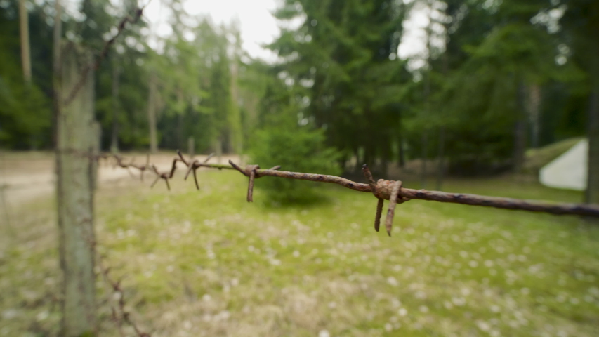 Small military old bunker surrounded by barbed wire in summer forest
