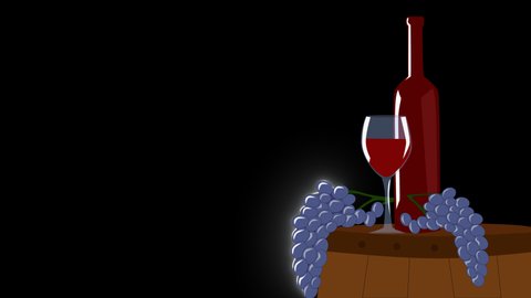 2d neon animation on alfa channel, bottle of red wine, wineglass and grape branch on wooden barrel. Concept of alcohol industry, wine production. Black bakground.