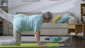 Tracking shot of senior woman standing on all fours on mat and raising legs while following online workout on laptop and exercising at home