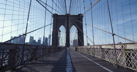 Brooklyn Bridge in New York City on a clear day with no foot traffic and Manhattan skyline in the background.