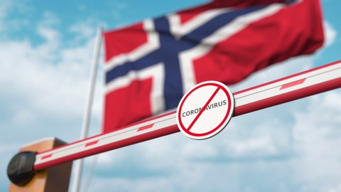 Barrier gate with STOP CORONAVIRUS sign being closed with flag of Norway as a background. Norwegian quarantine