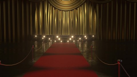4k Red carpet.Opening luxure  gold velvet curtains with green chroma key and track points. Gold Stage Curtain 3d animation