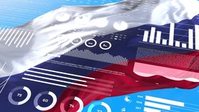 Russia. Statistics, infographics, financial market data, analysis and reports, numbers and graphs on Russian waving flag 4K. - Powered by Shutterstock - Get 15% off with code: PIKWIZARD15