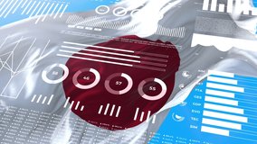 Japan. Statistics, infographics, financial market data, analysis and reports, numbers and graphs on Japanese waving flag 4K. - Powered by Shutterstock - Get 15% off with code: PIKWIZARD15