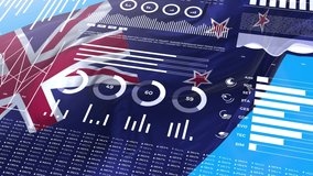 New Zeland. Statistics, infographics, financial market data, analysis and reports, numbers and graphs on New Zealander waving flag 4K. - Powered by Shutterstock - Get 15% off with code: PIKWIZARD15