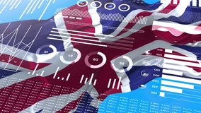 United Kingdom informational analysis reports and financial data, infographics display animation with flag, columns numbers and pie graphics chart. Financial scientific and medical topics. - Powered by Shutterstock - Get 15% off with code: PIKWIZARD15