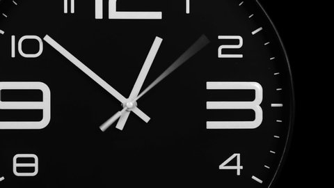 Modern black clock face moving fast forward transition. Clock ticking accelerated time on transparent alpha channel background. High Speed counter timer. Time flies moving fast forward.