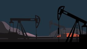 animation with the work of silhouettes of oil pumps rising and falling down on a sunset background. non-stop production of crude oil