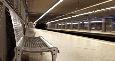 platform of the Madrid metro Atocha station empty due to the state of alarm in Spain by the COVID-19. Filmed on April 1, 2020.