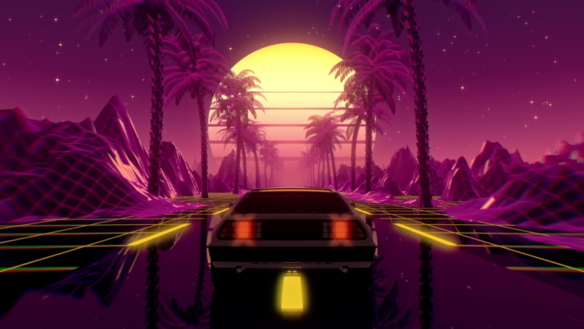 80s retro futuristic sci-fi seamless loop with vintage car. Riding in retrowave VJ videogame landscape, neon lights and low poly grid. Stylized cyberpunk vaporwave 3D animation background. 4K | Shutterstock HD Video #1049554990