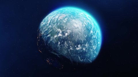 Realistic Rotation of the Earth from day to night in black space and stars. 4k Loop Animation Space, Planet, Galaxy, Stars, Cosmos, Sea, Earth, Sunset, Globe, World.