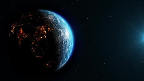 Realistic Rotation of the Earth from day to night in black space and stars. 4k Loop Animation Space, Planet, Galaxy, Stars, Cosmos, Sea, Earth, Sunset, Globe, World.