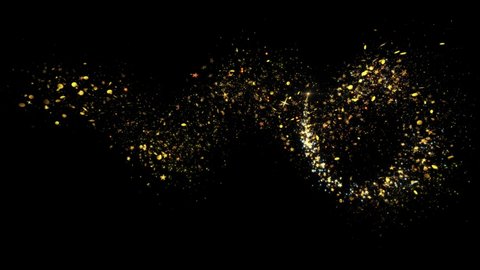 Golden Glitter Sparkling Magic light. Shining gold Dust particles Trail Crossing sparkles on black background 4K. Birthday, Anniversary, new year, event, Christmas, Festival, Diwali.