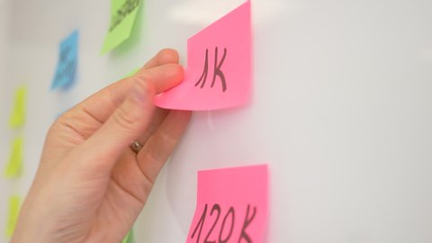 Short shot of a white board with colorful post-it notes pasted on it, where we see the executive woman's hand removing one of them, with the background out of focus.