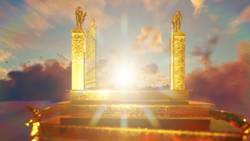 Golden stairway to gates of heaven opening against magical sunset and flying doves | Shutterstock HD Video #1049570125