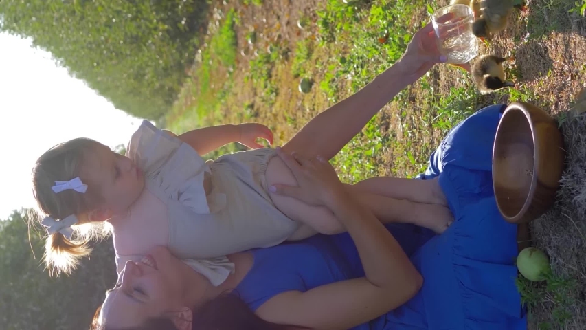 farming, young Mom and daughter are feeding small fowl in apple garden in autumn during harvest season, smartphone vertical screen
