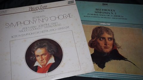 Rome, Italy - March 26, 2020, LP records on Beethoven's works: Symphony n. 9 "Choral" - Boston Synphony orchestra and Symphony n. 3 in E flat. Maj. op. 55 "Eroica".