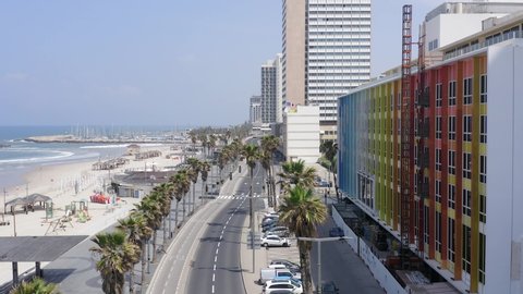 Tel Aviv, Israel - April 2, 2020: Corona Virus lockdown, Aerial view of Tel Aviv coastline with no people and traffic in the Streets and Beach due to Government guidelines.