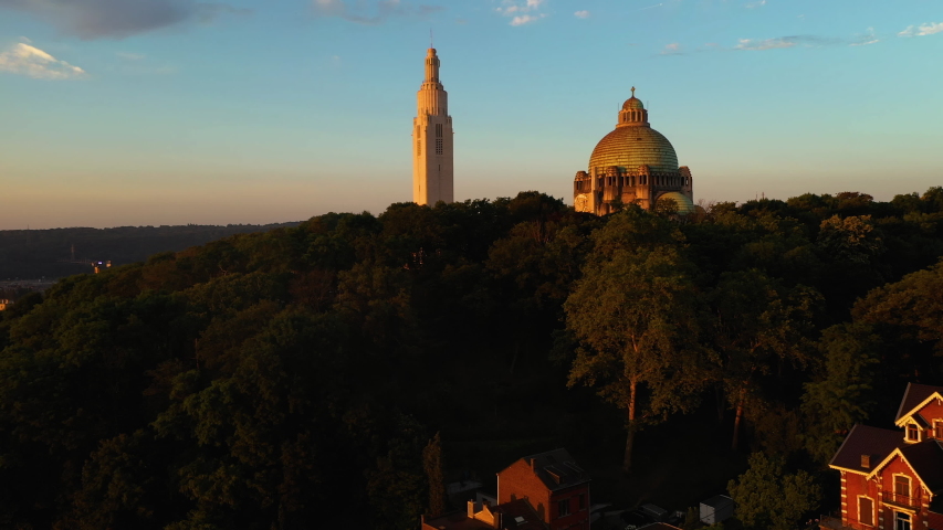 Aerial view of Église du Sacré-Coeur de Cointe church before sunrise